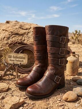 Vintage Durango City Savannah Brown Leather 4-Strap Engineer Moto Boots 7.5 2012